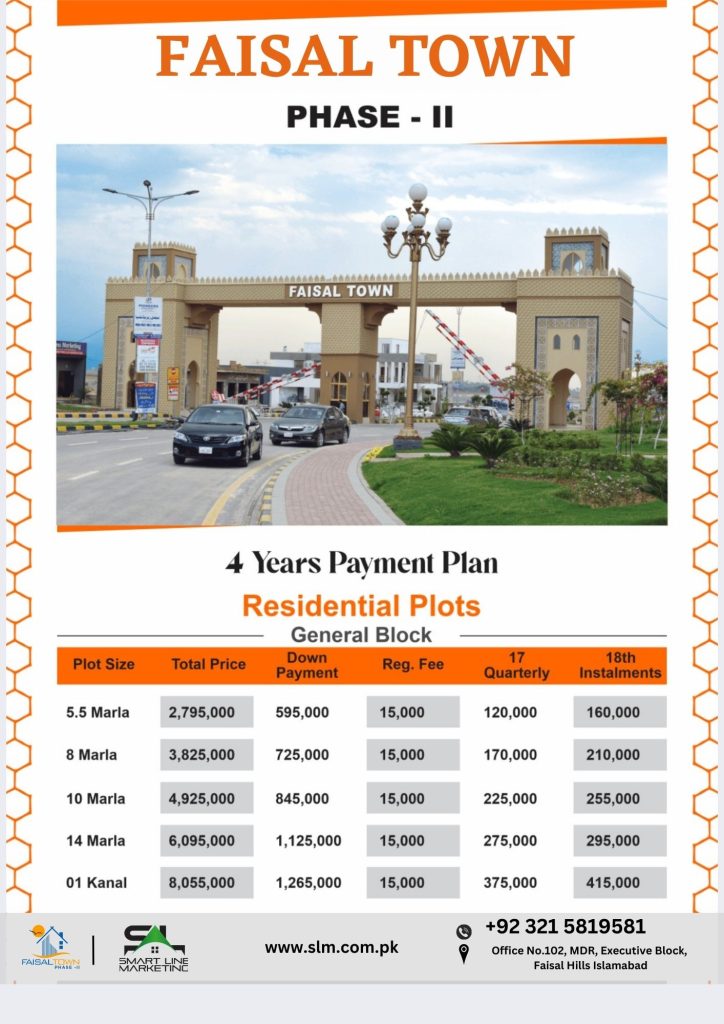 Payment plan of Faisal town ISLAMABAD-smart line marketing