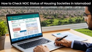 Person checking NOC status of housing societies in Islamabad property online with city skyline in background.