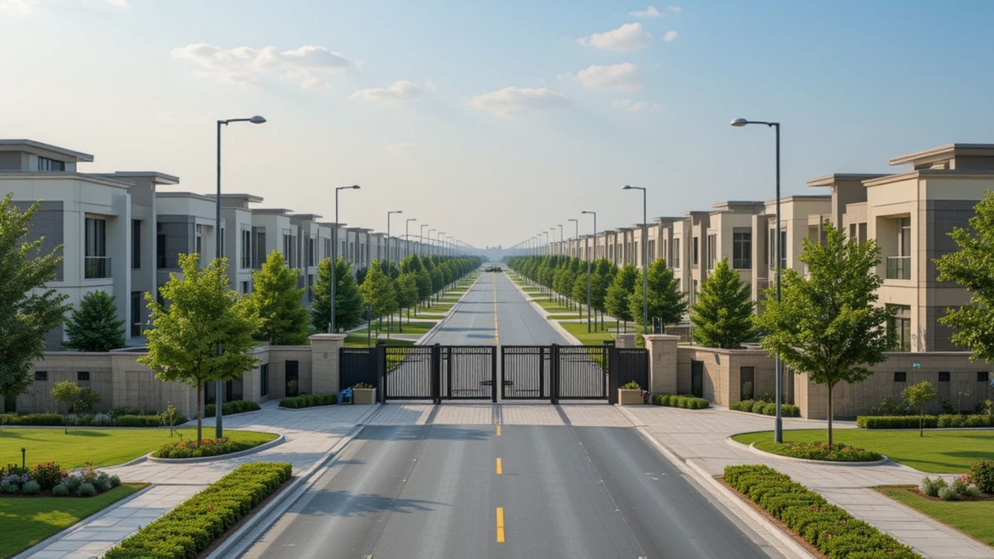 Modern gated housing society in Islamabad with parks, wide roads, and secure entrance showcasing top amenities for safe investment.