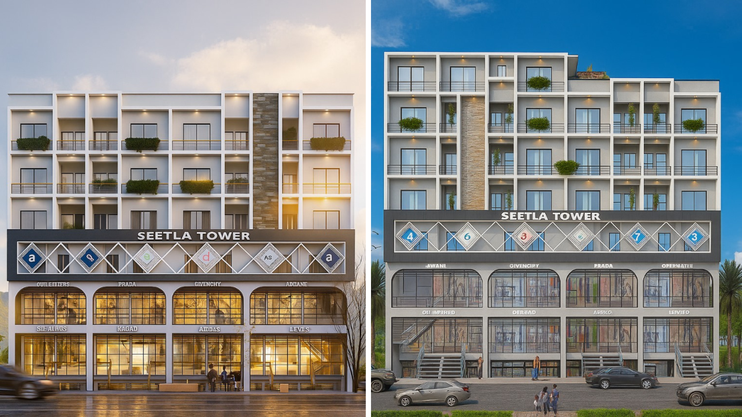 3D architectural rendering of Seetla Tower in Faisal Hills featuring a modern five-story apartment building with balconies, stone detailing, luxury brand shops on the ground floor, cars parked in front, and warm golden lighting at sunset.