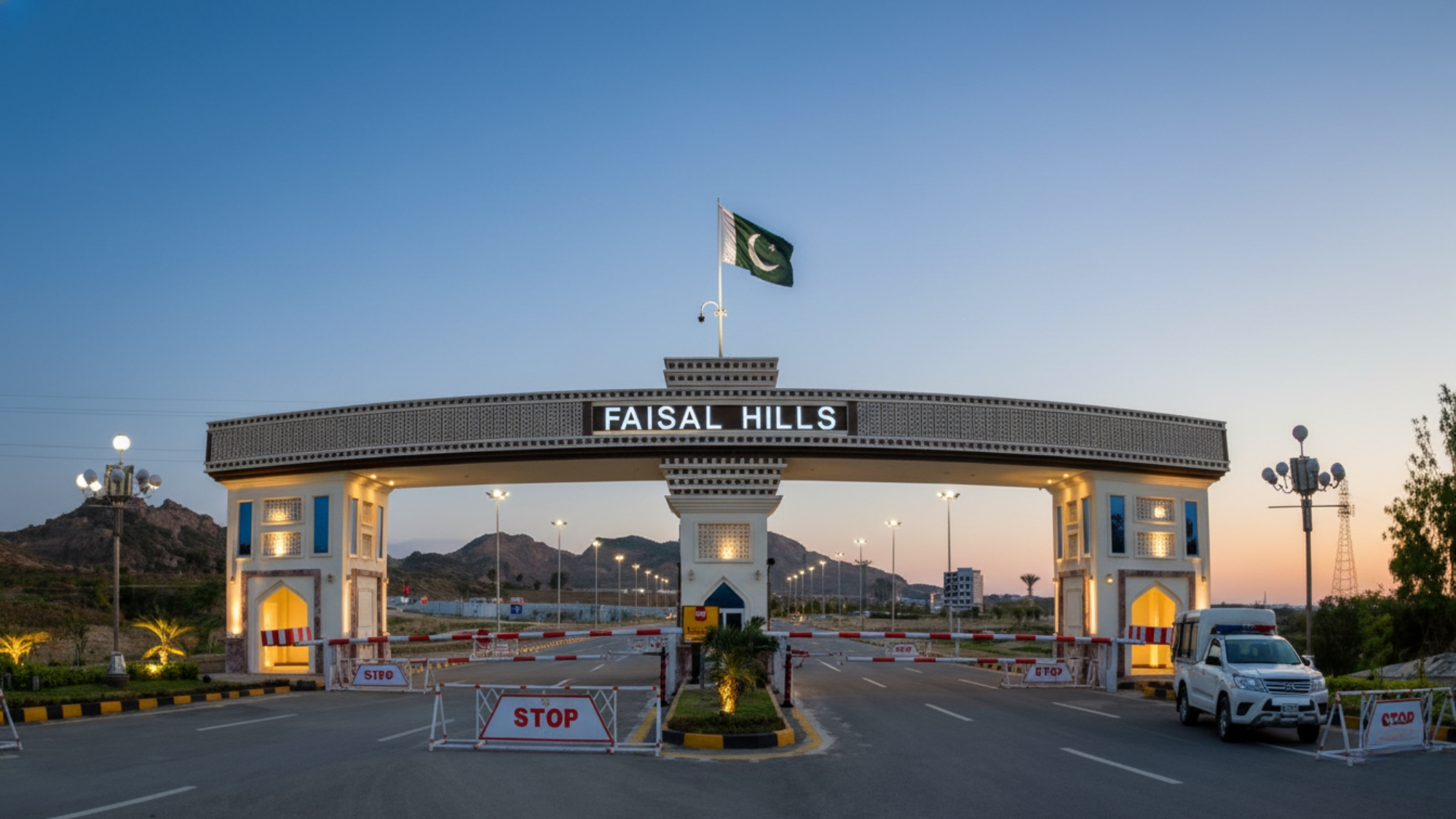 Aerial view of Faisal Hills Taxila showing modern houses and scenic hills in the background.